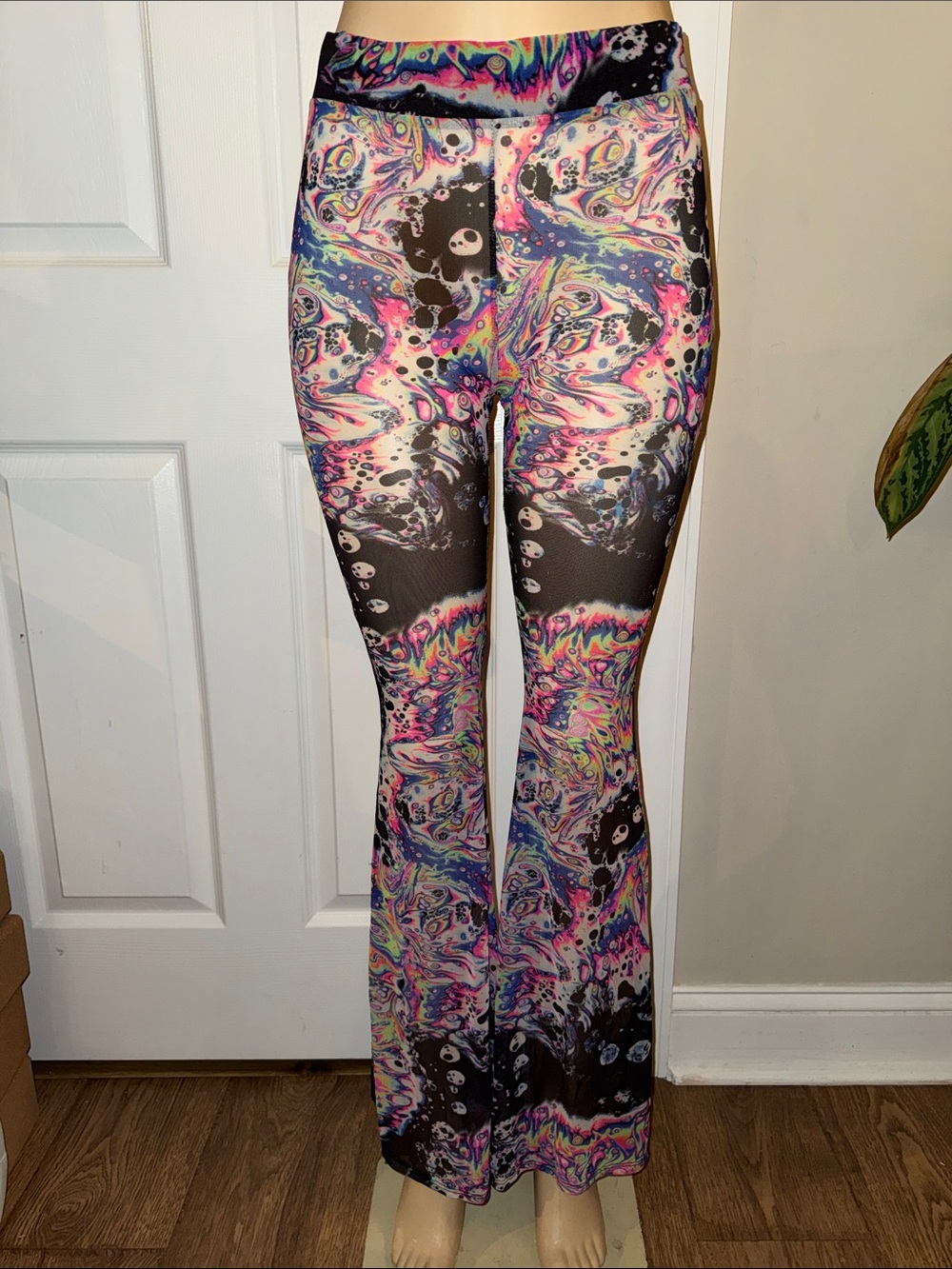 Psychedelic Marble Print Flared Leggings - Multicolor Festival